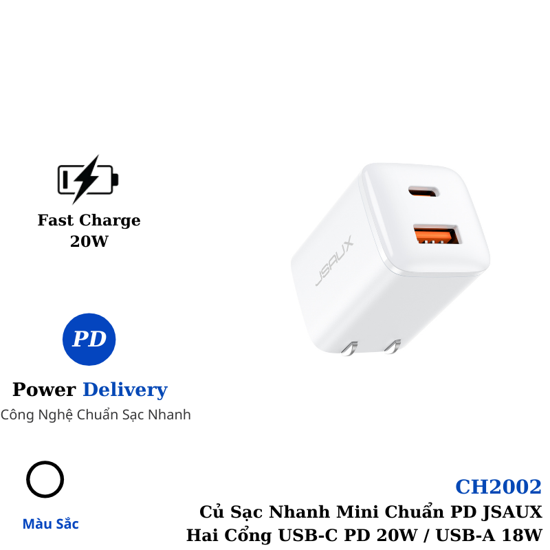 Củ Sạc Nhanh 20W Mini CH2002 JSAUX Sạc Chuẩn PD – Cho iPhone, iPad, Samsung, Oppo, Huawei… USB-C PD 20W và USB-A 18W - Hàng chính hãng