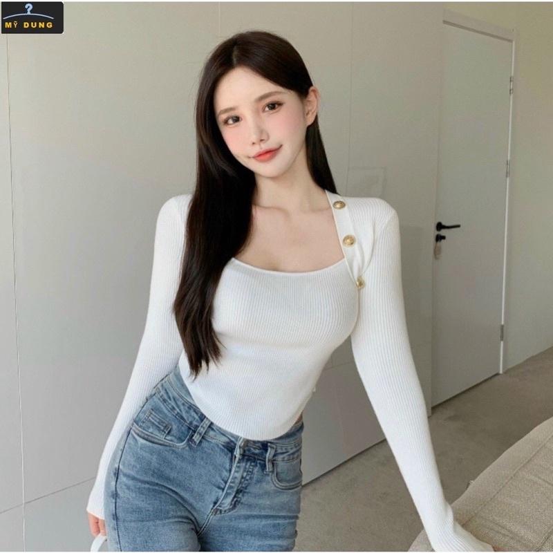Áo len gân cổ vuông khuy đồng vạt bầu hàng QC hot