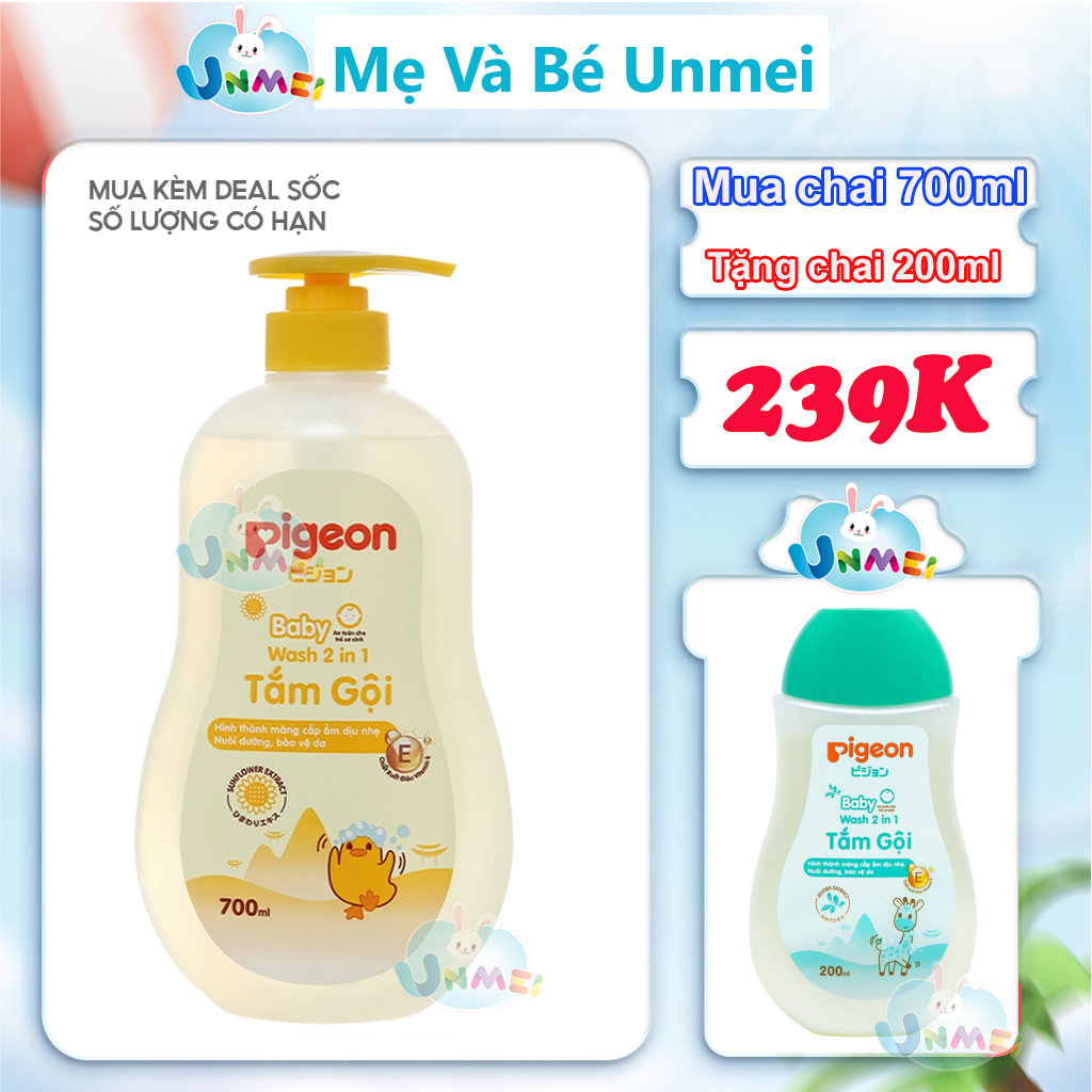 (Mua Chai Lớn 700ml tặng Chai Nhỏ 200ml) Sữa Tắm gội dịu nhẹ Pigeon Hương Jojoba/Hướng Dương