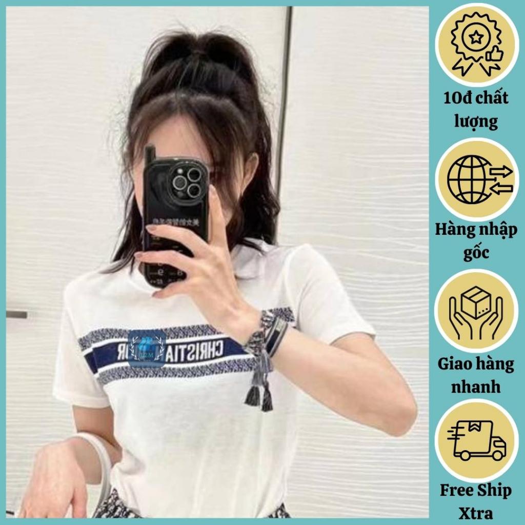 Áo len nữ Montoghi dệt kim Quảng Châu CỔ TRÒN cộc tay PHỐI CHỮ NGANG thanh lịch và xinh xắn