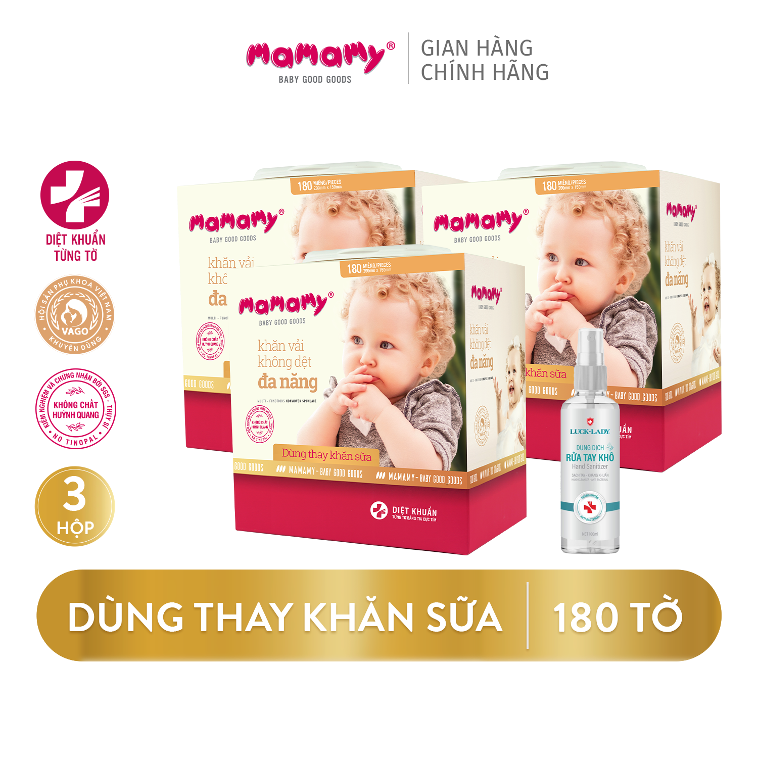 Khăn khô đa năng dùng thay khăn sữa Mamamy 180 tờ/hộp - Combo 3 hộp và 1 gói Khăn ướt cồn Luck Lady 25 tờ