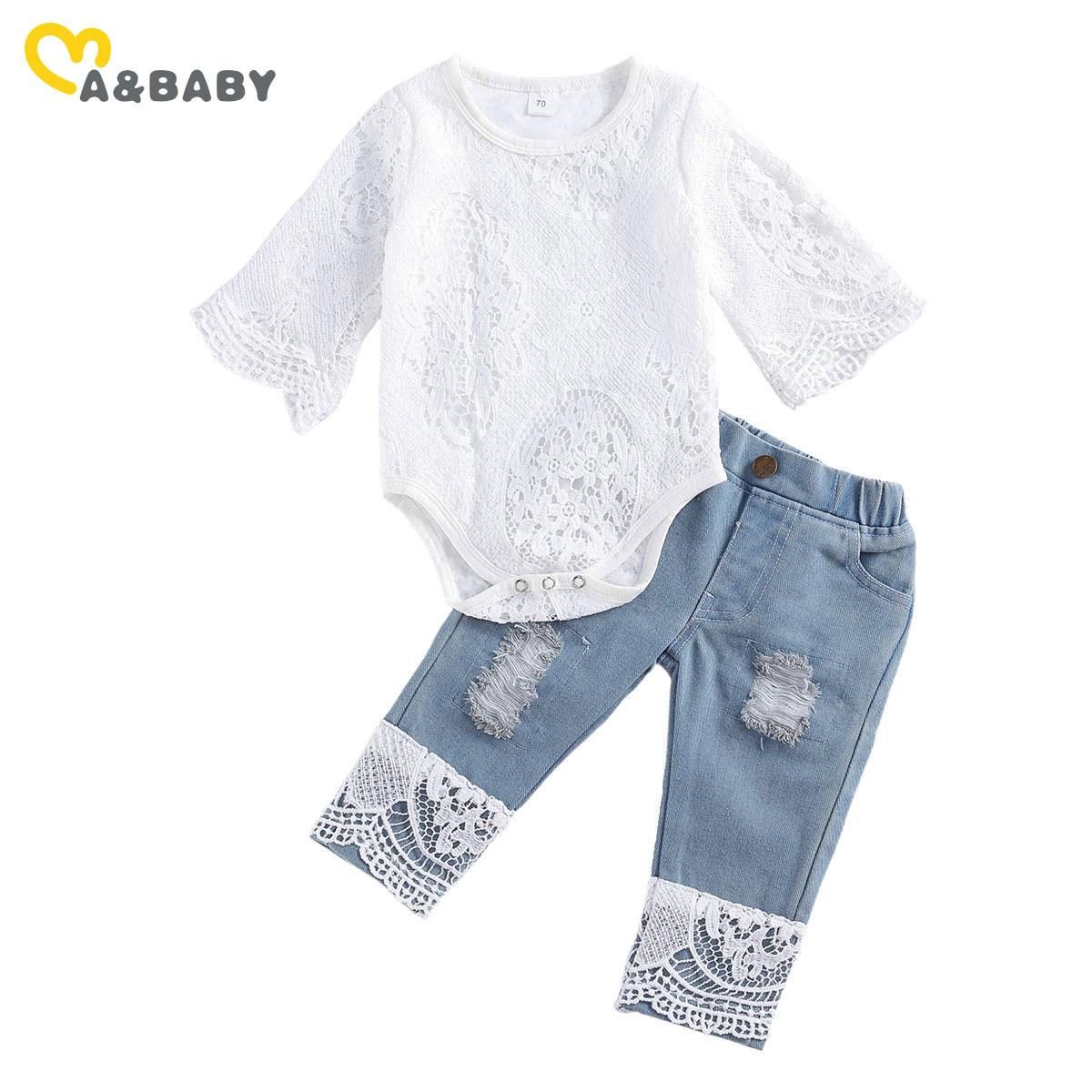 Ma & Bé 0-24M Sơ Sinh Trẻ Sơ Sinh Bé Gái Bộ Quần Áo Ren Trắng Romper Áo Liền Quần Đùi Denim Mùa Thu Cho Bé cô Gái Trang Phục Quần Áo