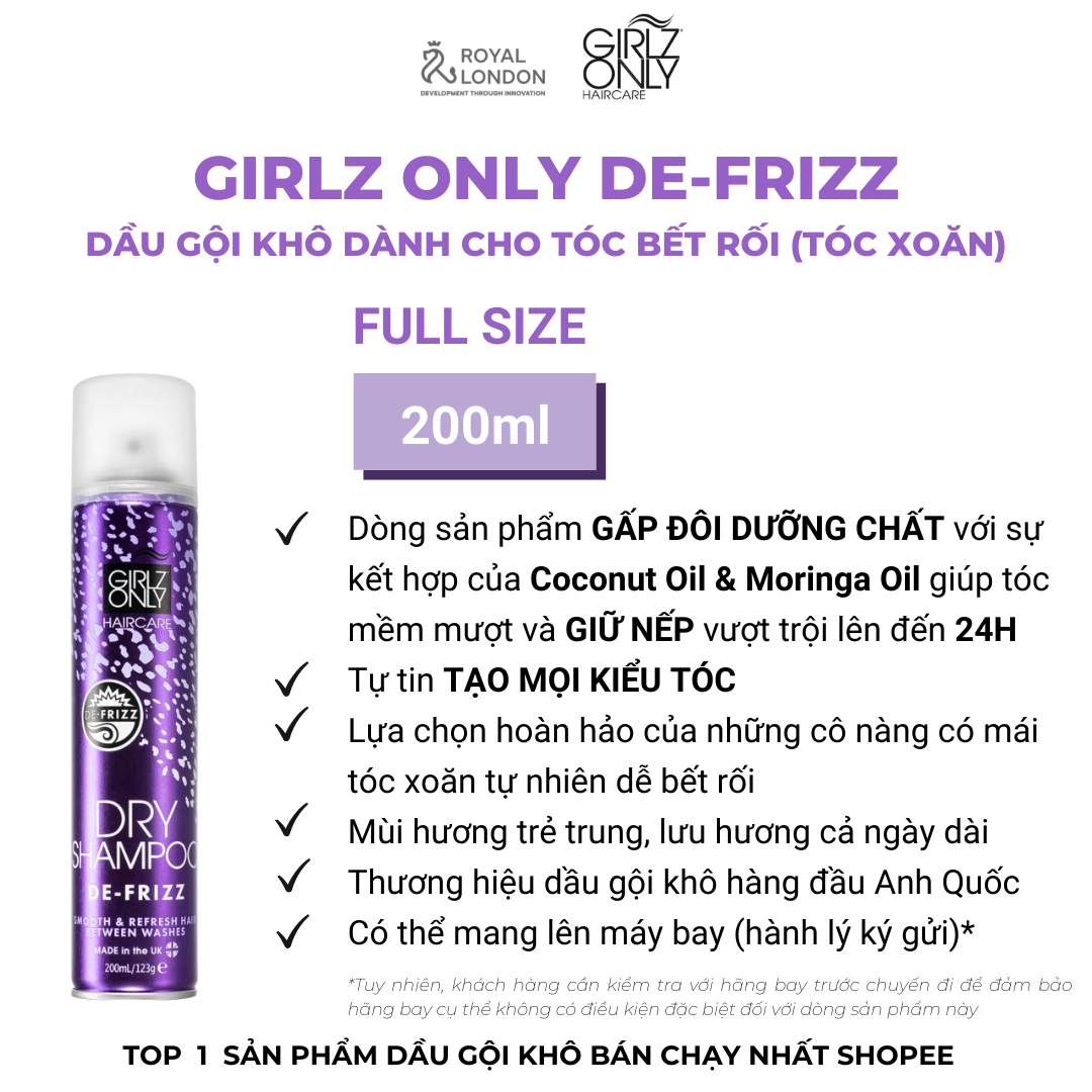 Dầu Gội Khô Girlz Only For De-Frizz 200ml (Tím)