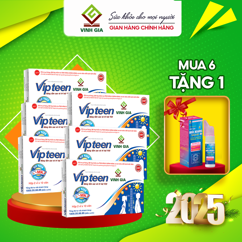 Combo 6 Tặng 1 Hộp Viên Uống Vipteen Vinh Gia Bổ Sung Canxi Nano D3 Mk7 Tăng Chiều Cao Cho Trẻ 9 - 18 Tuổi 20 Viên