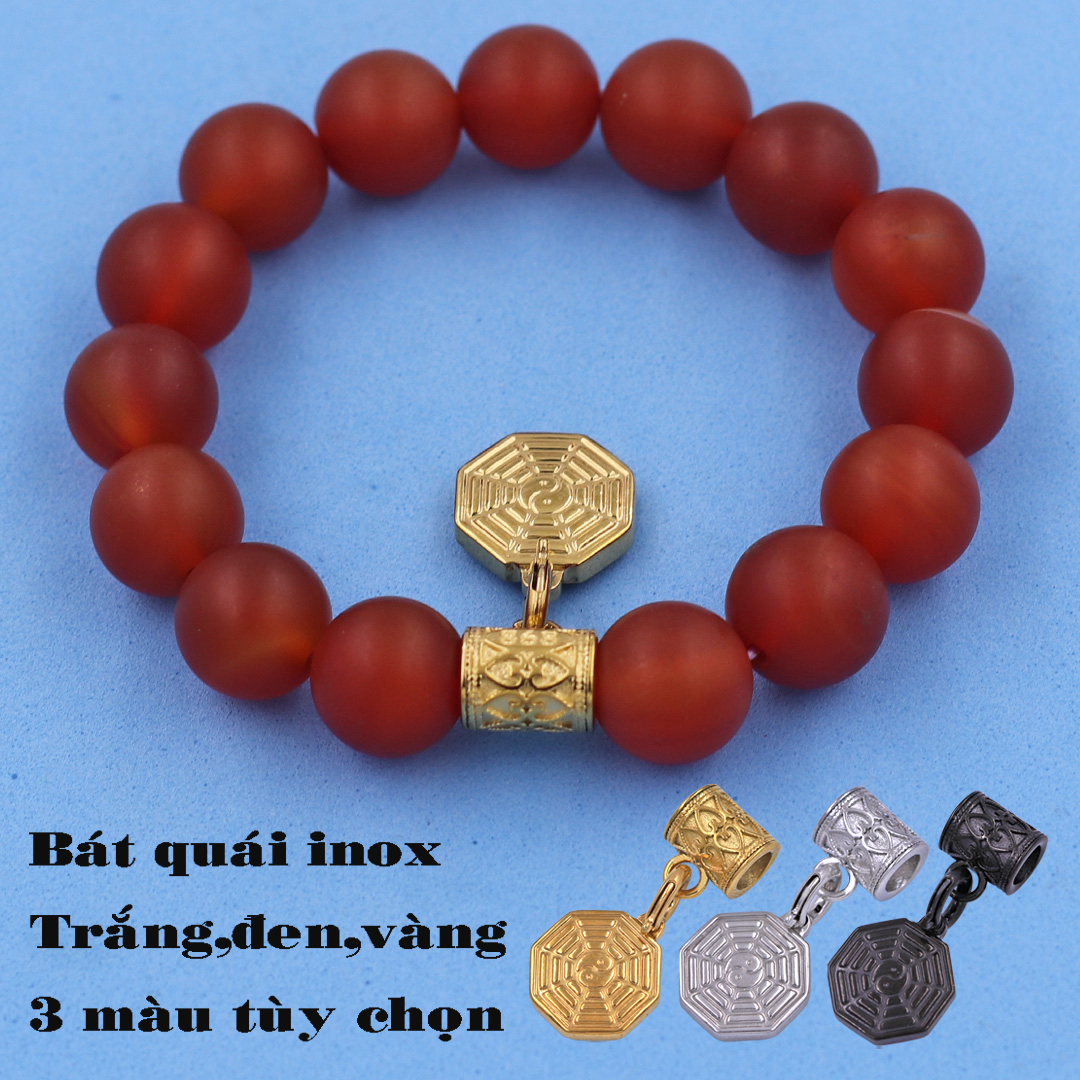 Chuỗi tay Thạch Anh đỏ mờ 12 ly - Charm Bát Quái Inox VTAOMBQHKV12 - Hợp mệnh Hỏa, Thổ
