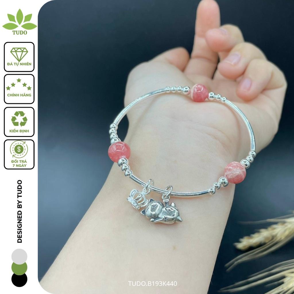 Vòng Tay Nữ Đẹp - Vòng Phong Thủy Đa Mệnh TUDO B193K440 VCBDAOH 3 hạt hồng, Charm Bạc Mèo, Vương Miện