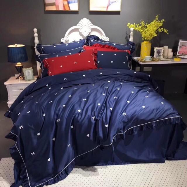 Trọn bộ chăn ga gôid lụa tim xanh mẫu mới 2019