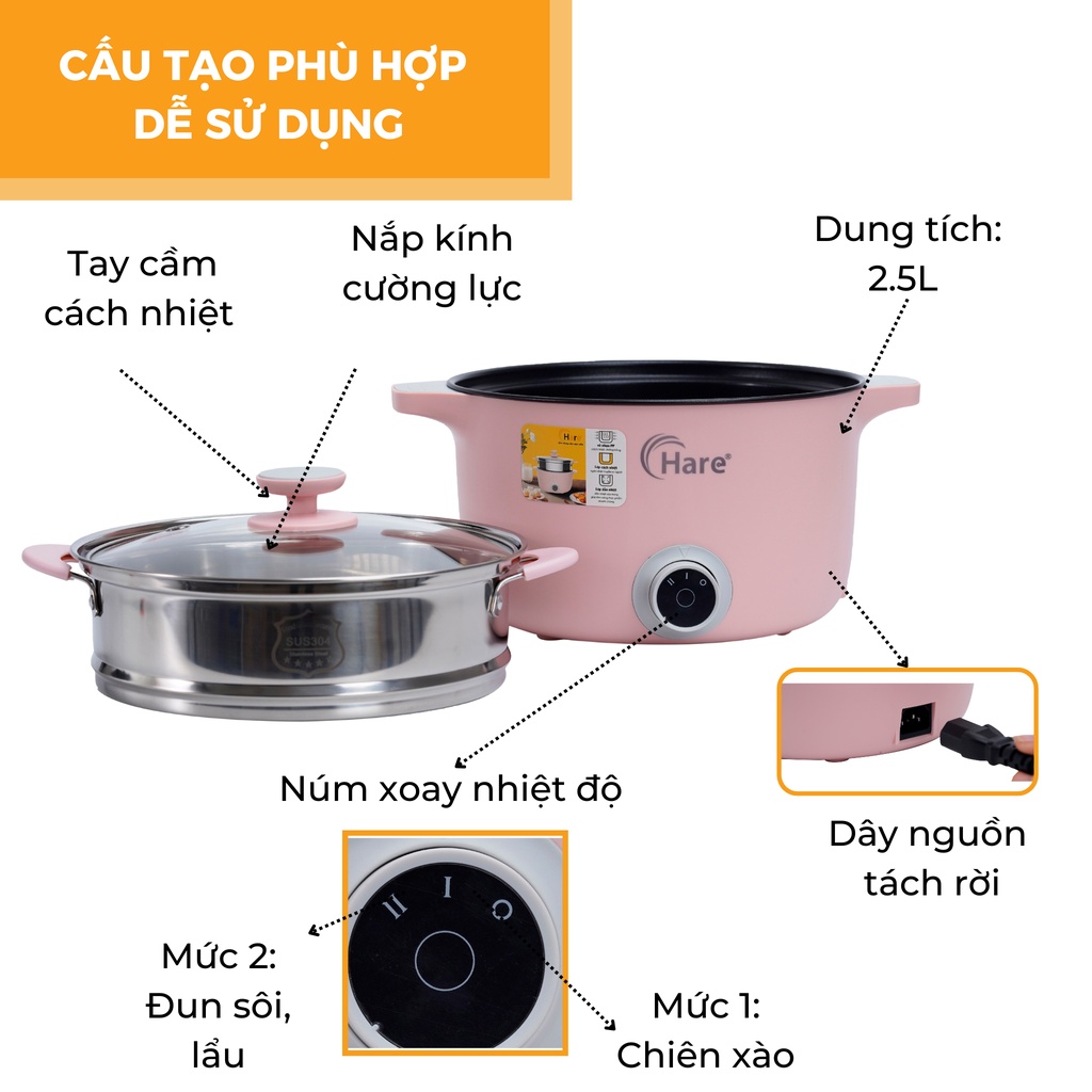 Nồi lẩu điện đa năng mini HR-MF2506 (2.5L) -hàng chính hãng thương hiệu Hare - bảo hành 12 tháng