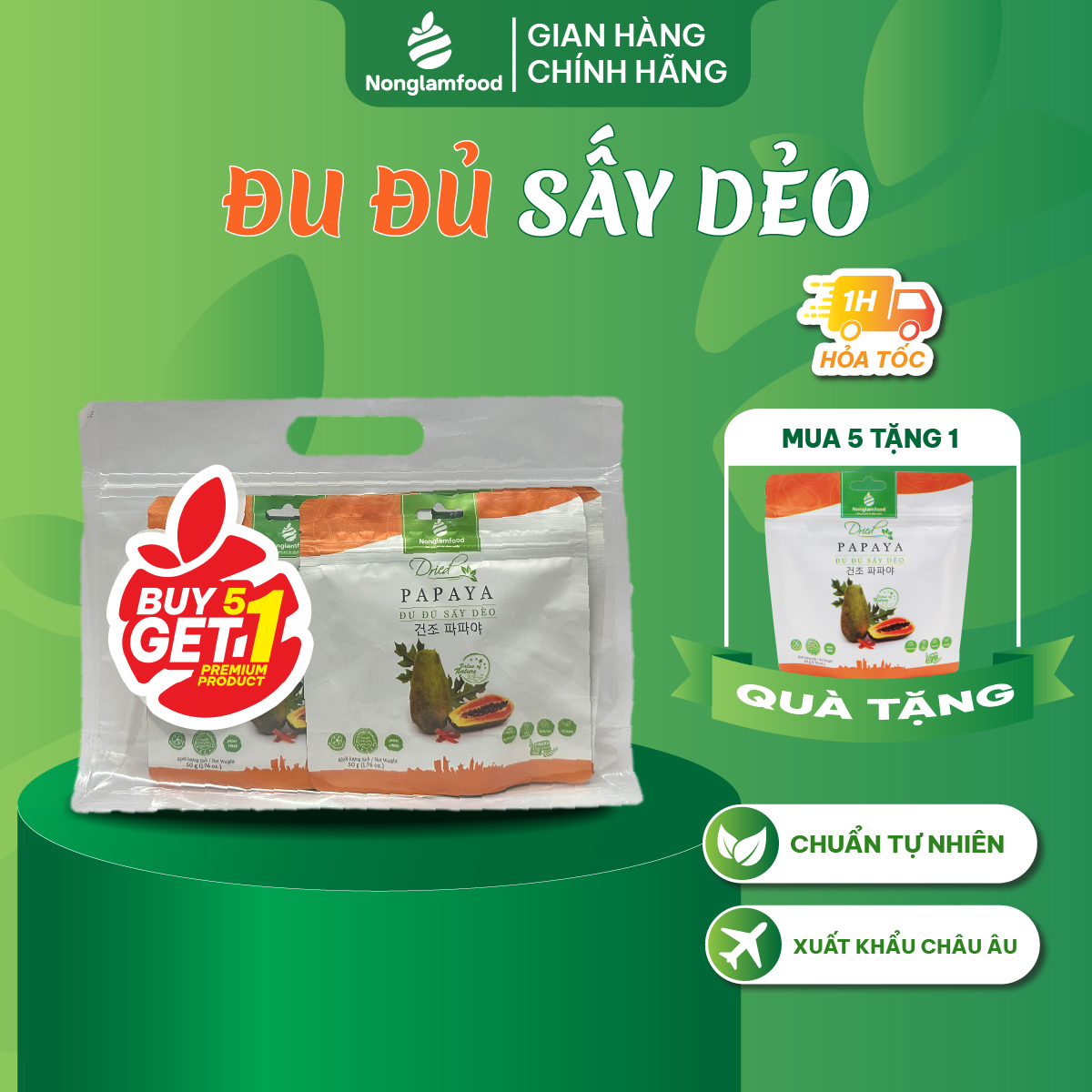 [Mua 5 tặng 1] Combo 5 túi Đu đủ sấy dẻo thượng hạng Nonglamfood túi 50g