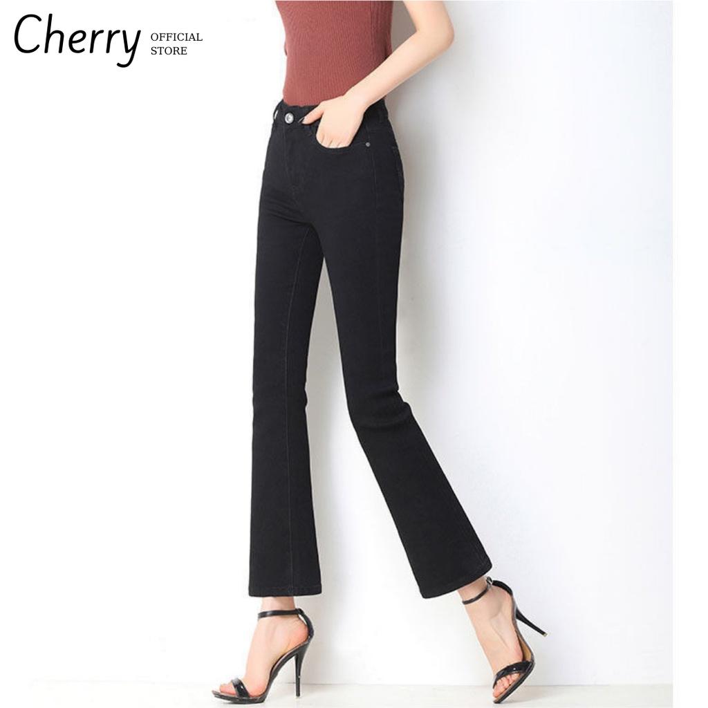 Quần jean nữ loe lửng lưng cao co giãn phong cách Hàn Quốc, quần bò nữ ống loe cạp cao chất xịn cao cấp CHERRY T026
