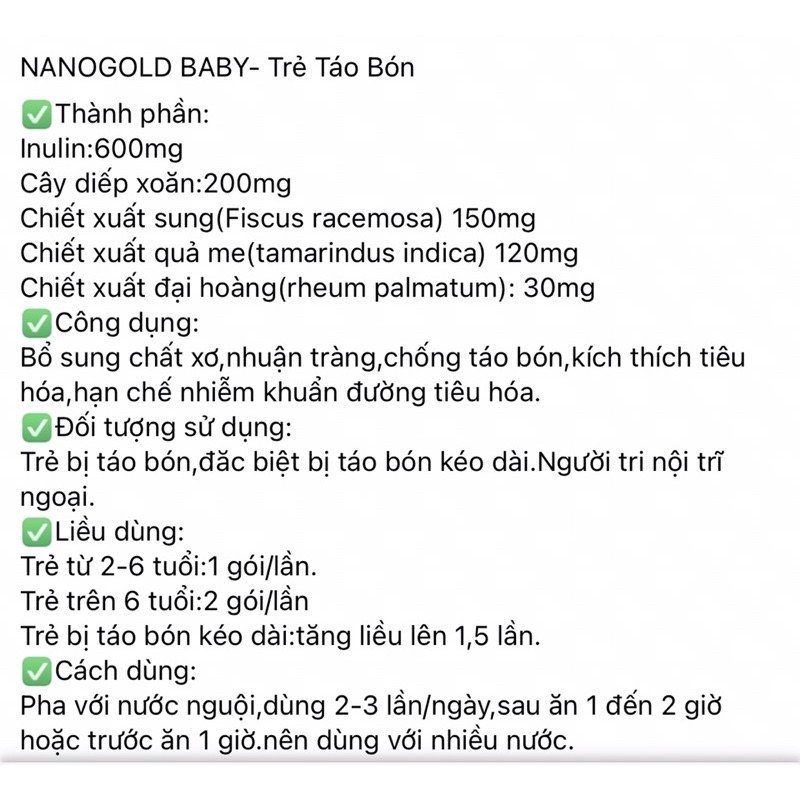 Cốm táo bón NanoGold Baby Vinh Thịnh Vượng VV, hộp 20 gói, bổ sung chất xơ, ngừa táo bón cho trẻ