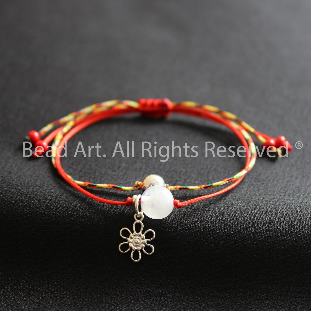 Vòng Tay Thắt Dây Đá Moonstone, Đá Mặt Trăng Tự Nhiên Ánh Cầu Vồng Và Bạc 925, Đỏ - Ngũ Sắc, Mệnh Kim, Thuỷ, Vòng Tay Phong Thuỷ - Bead Art