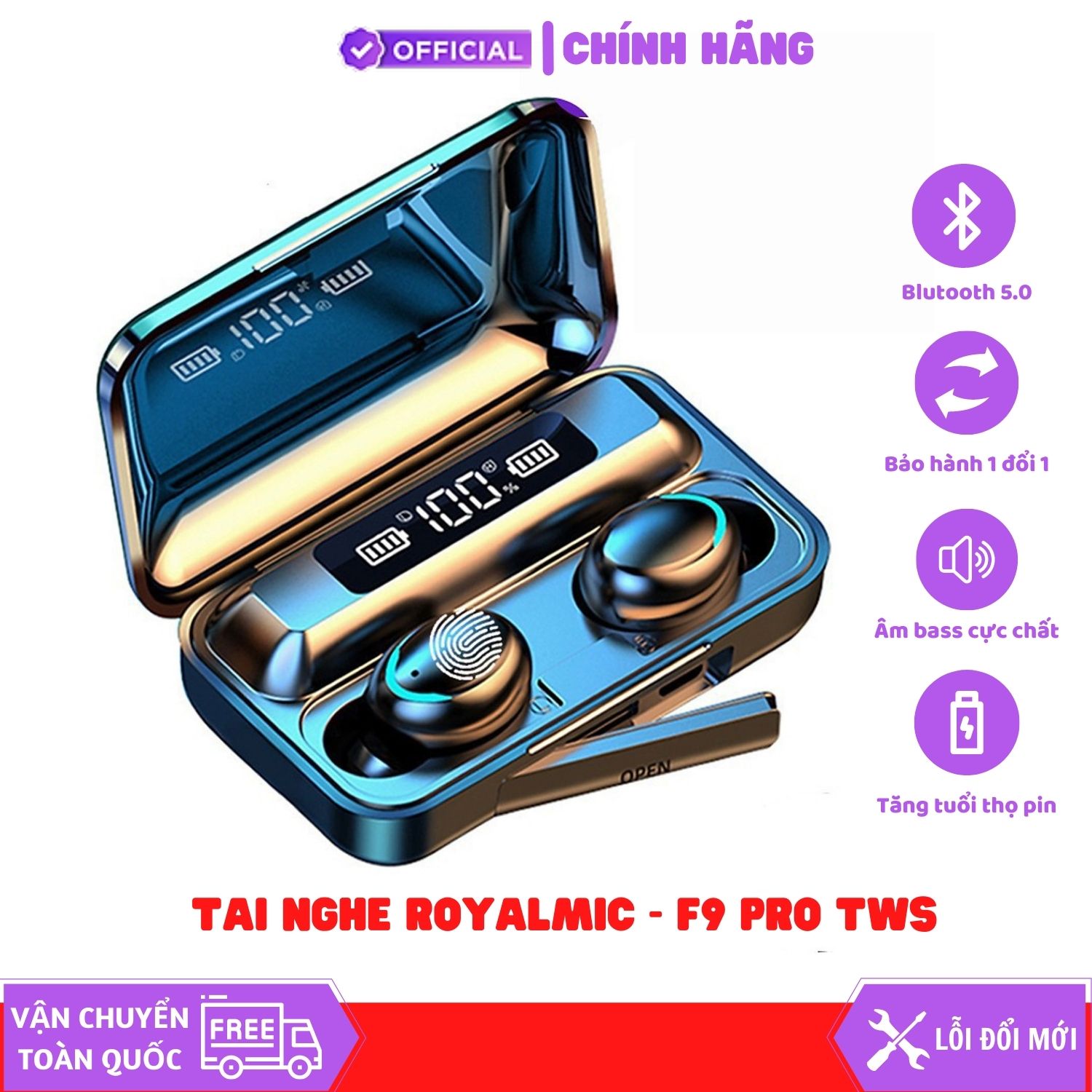 Tai Nghe Bluetooth ROYALMIC F9 Pro TWS Bản Cao Cấp, Cảm Biến Vân Tay, Sạc Dự Phòng, Chống Nước - Hàng Chính Hãng