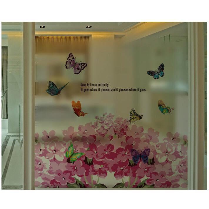 Decal trang trí kính cao cấp mẫu hoa bướm hồng