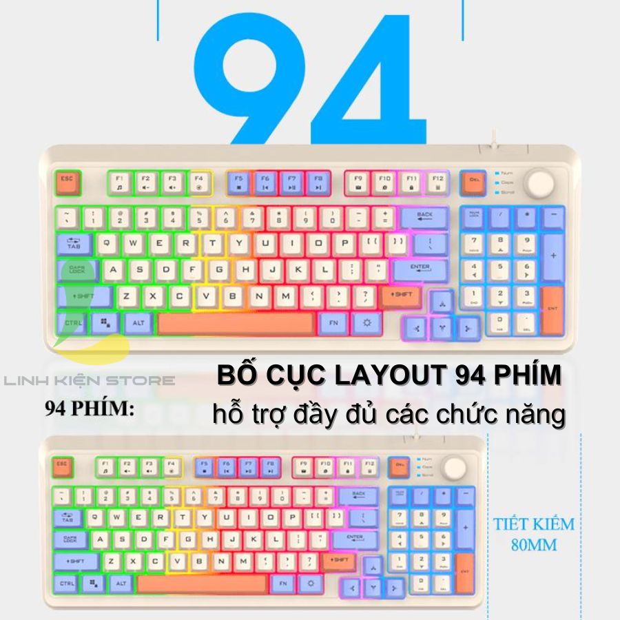 Bàn phím giả cơ gaming XUNFOX K82 - Bàn phím chơi game thiết kế 94 phím có đèn led 7 màu kèm theo nút vặn âm lượng - Hàng nhập khẩu