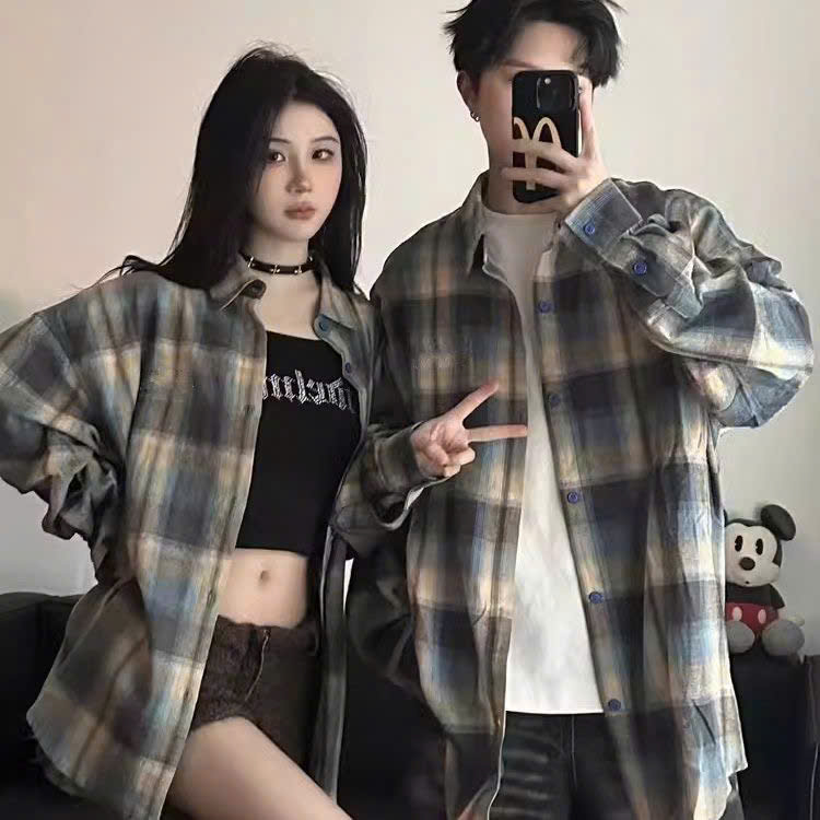 Áo sơ mi nam nữ form rộng 2N Unisex somi khoác ngoài sọc caro bạc số 20