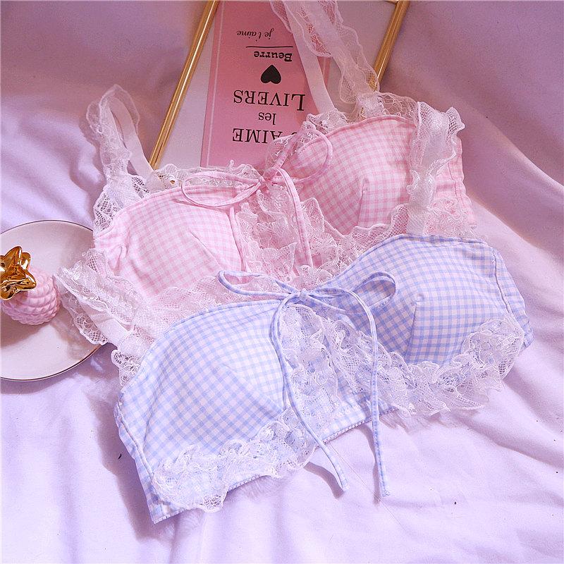 Cô Gái Ngọt Dễ Thương Dây Tự Do Thoải Mái Bộ Áo Ngực Animie Lolita Đồ Lót Nữ Phù Hợp Với Ren KẺ SỌC ĐÁNG Áo Ngực Và Quần bộ