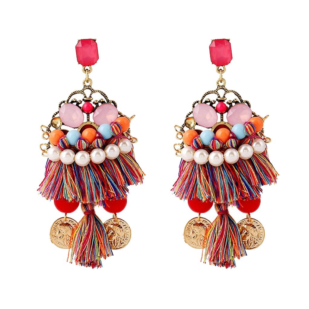 Trendy Shiny Tassel Fringe Earrings with Multisize Colorful Plastic Pearls