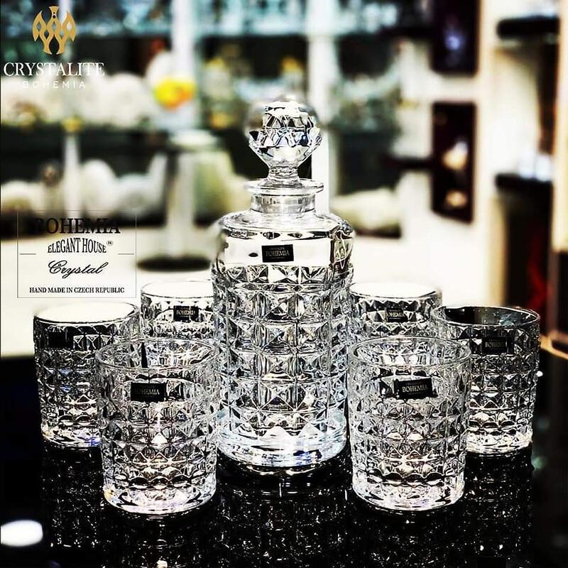 Bộ Bình Ly Pha Lê Cao Cấp Bohemia Diamond 7 Món, Bộ Bình Thủy Tinh 6 Cốc Uống Whisky , Nhập Đức Chính Hãng