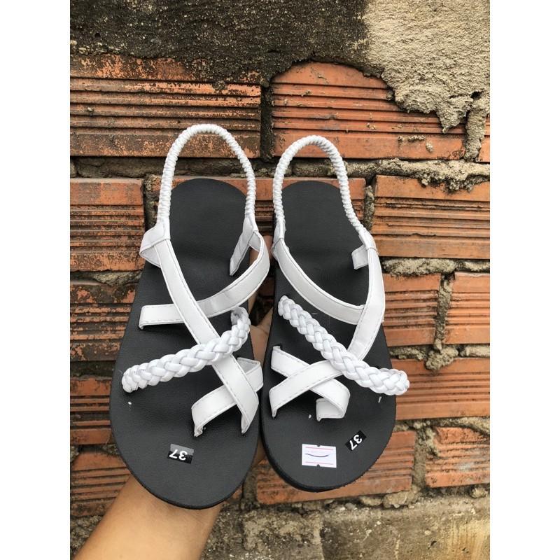 Sandal nữ đế đen quai trắng phối bính trắng size từ 34 đến 42