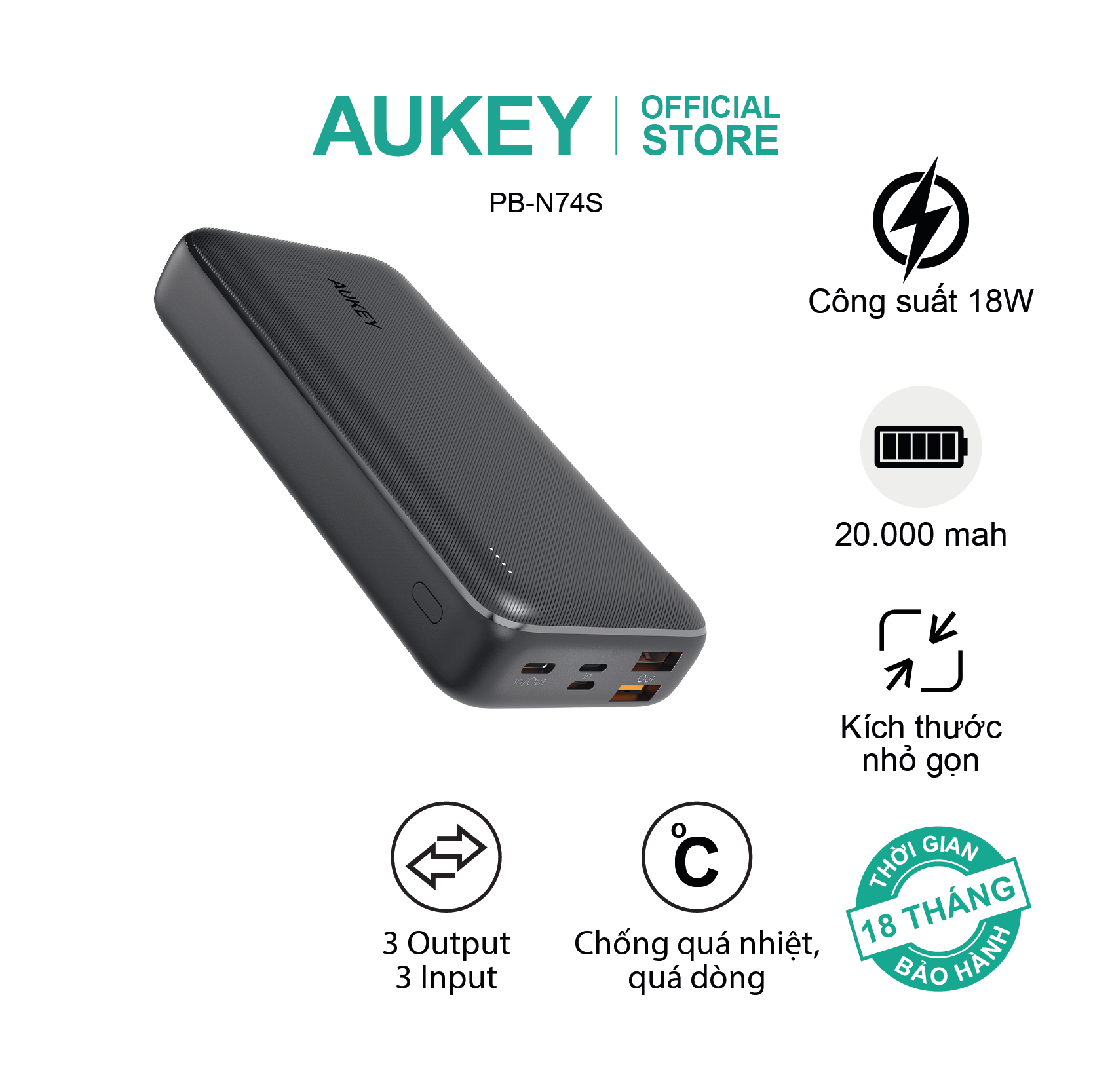 Pin dự phòng 20000mAh sạc nhanh 22.5W Aukey PB-N74S màu đen, hàng chính hãng