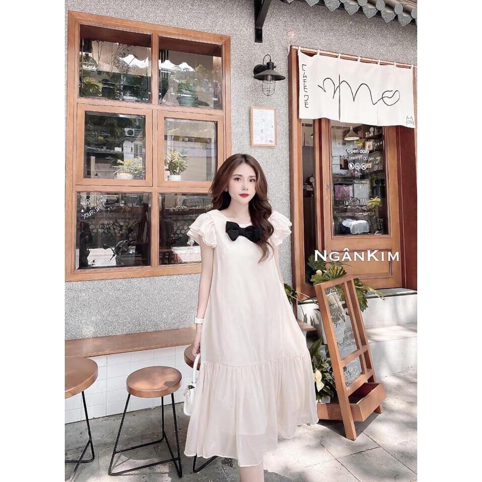 Đầm bầu công sở mùa hè chất lụa hàn-Váy bầu thiết kế phom rộng dáng suông von nhẹ