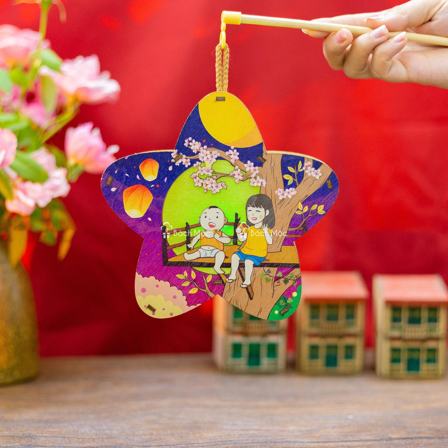 Lồng Đèn Trung Thu Gỗ 2 Mặt Màu - Bách Mộc - Chị Em