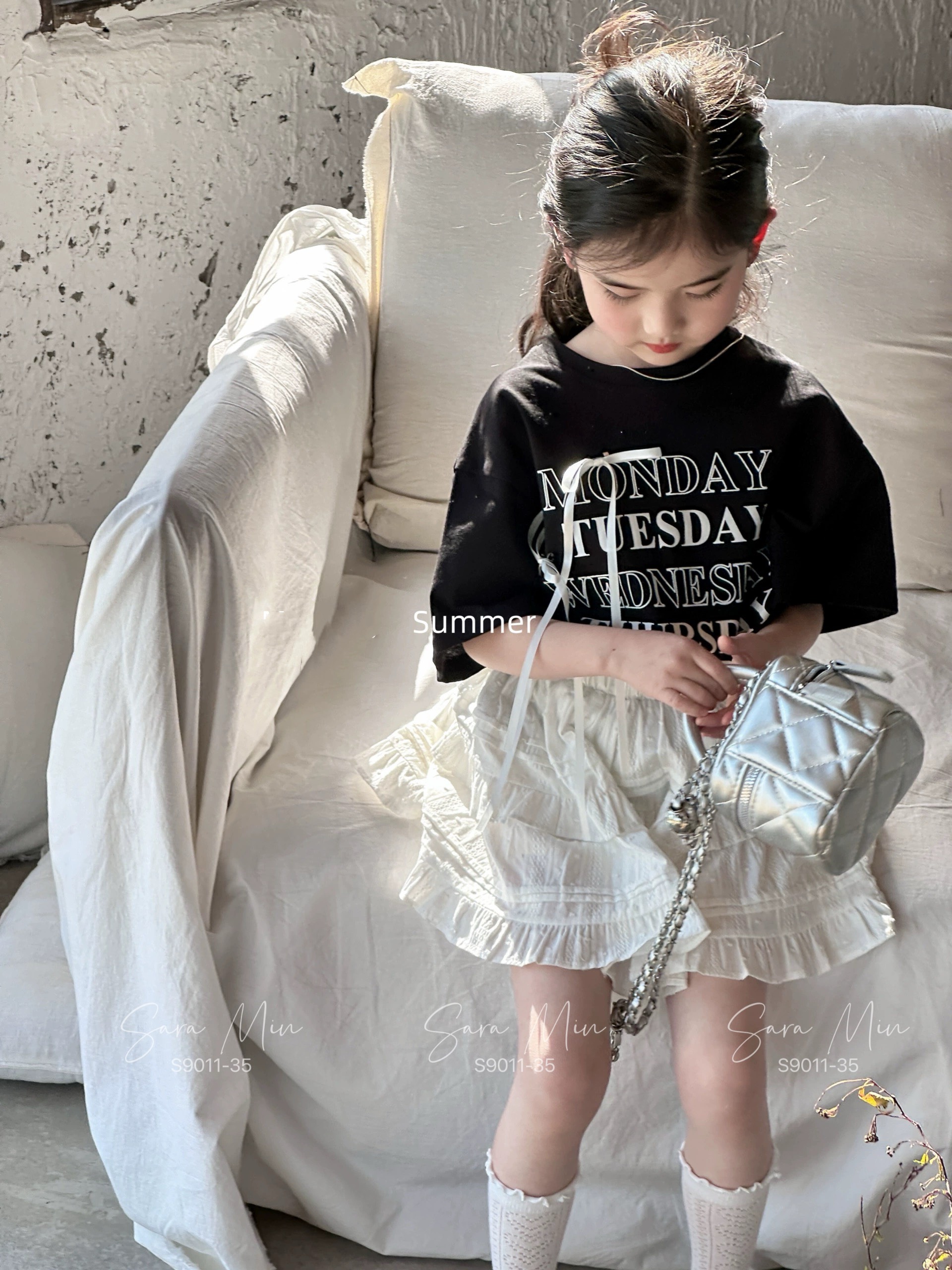 [Từ 1 đến 12 tuổi] Sét áo cotton tone đen chân váy trắng thô boi mềm mát bé gái đi chơi đến 45kg
