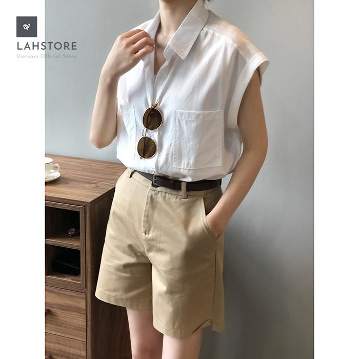 Áo sơ mi thô Linen nữ form rộng cổ bẻ 2 túi ngực trẻ trung LAHSTORE, thời trang phong cách Hàn Quốc