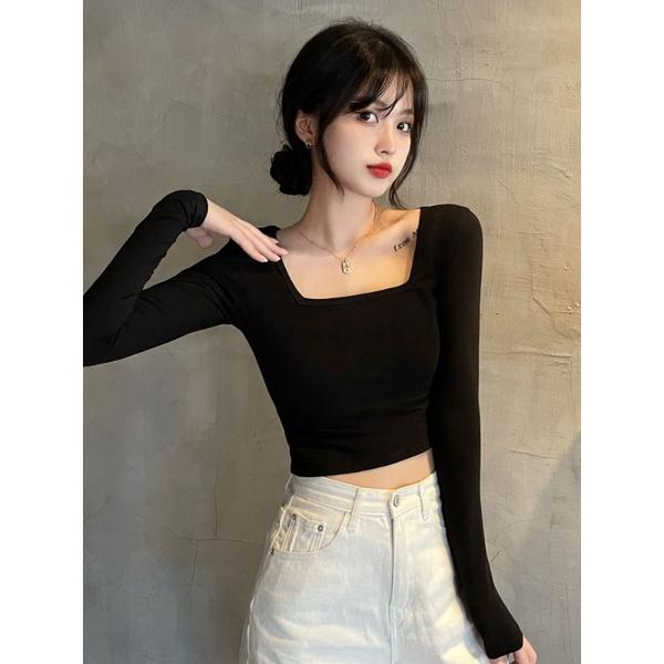 áo cổ vuông tay dài croptop - A4CRTCV - thun co giãn