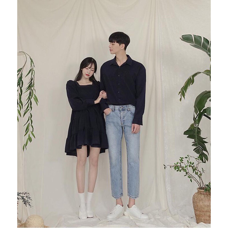 Set Áo váy đôi sơ mi CoupleTina - váy suông cổ vuông màu đen mới