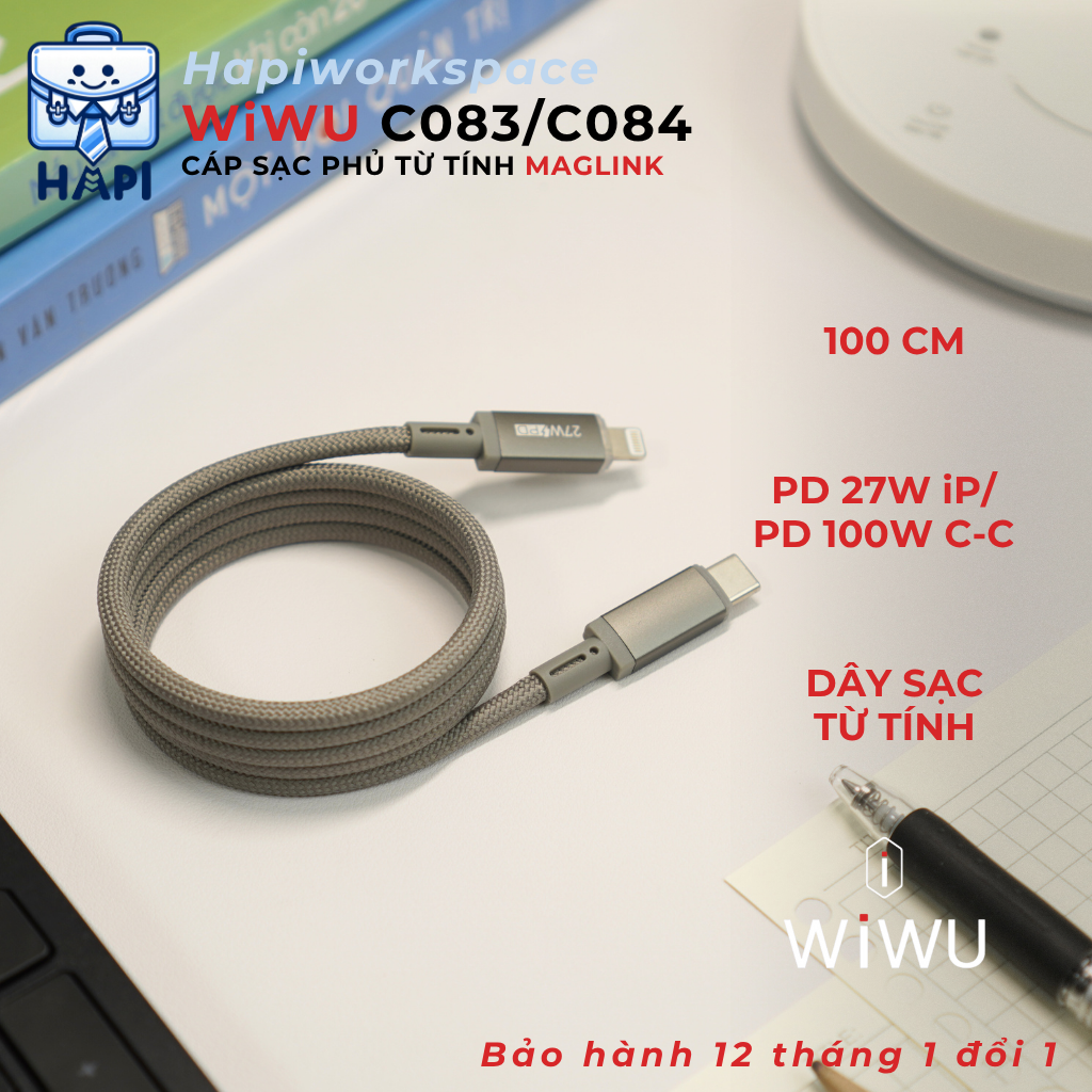 Cáp sạc Type-C to L 27W hàng chính hãng WiWU Maglink Wi-C083. Dây dù nylon siêu bền, truyền đẫn ổn định