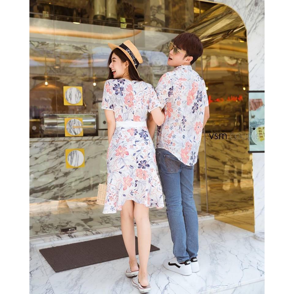 Set áo váy đôi FREESHIP sơ mi nam váy nữ Áo đôi đi biển hoa lá COUPLE AV45