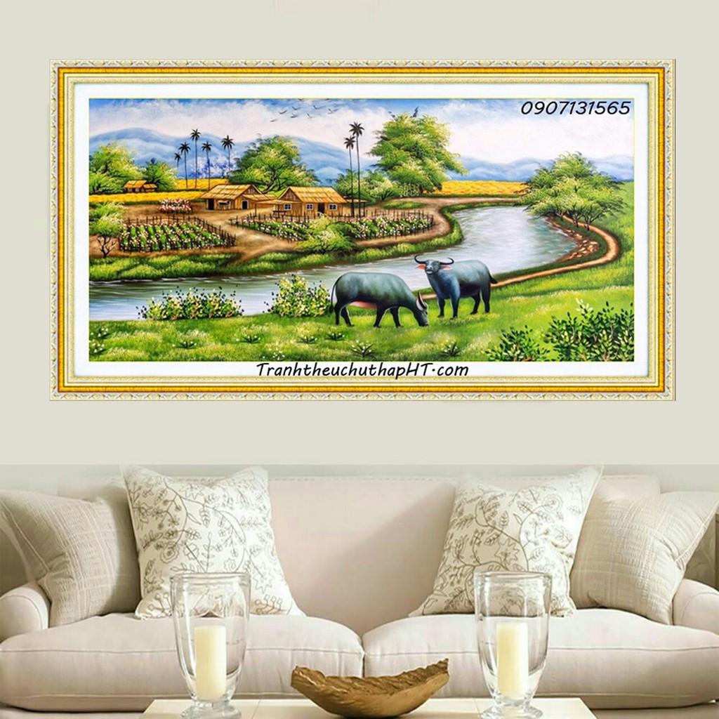 Tranh đính đá phong cảnh Làng quê thanh bình LV045 - tự đính