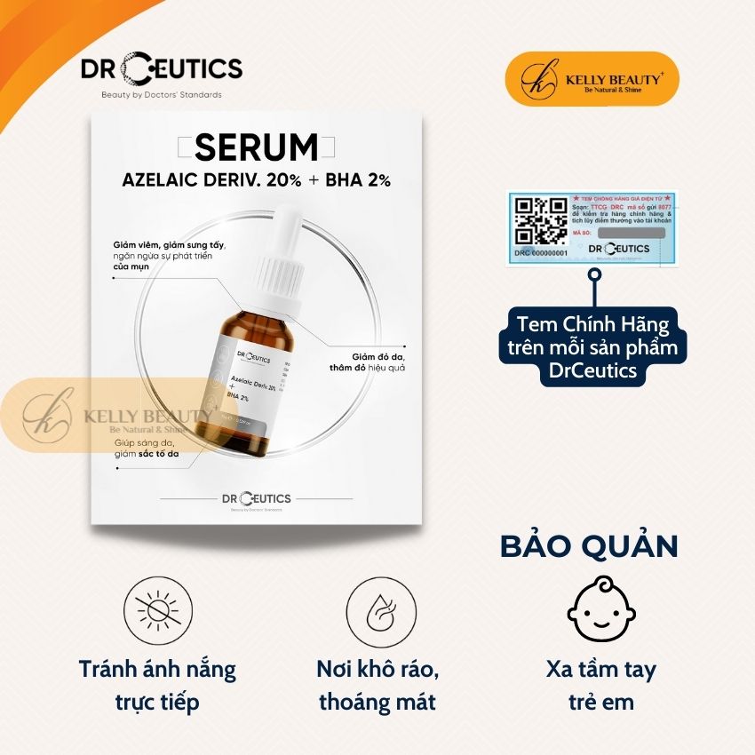 Serum Mụn AZE DrCeutics - Giảm Mụn Mờ Thâm; Tăng Đề Kháng, Sạch LCL, Mềm Mịn Da - Azelaic Deriv 20% + BHA 2% | Kelly Beauty