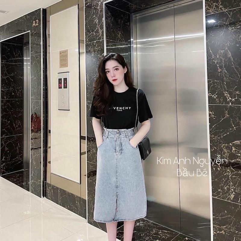 Chân váy jeans 2 cúc xẻ trước - cạp bo chun