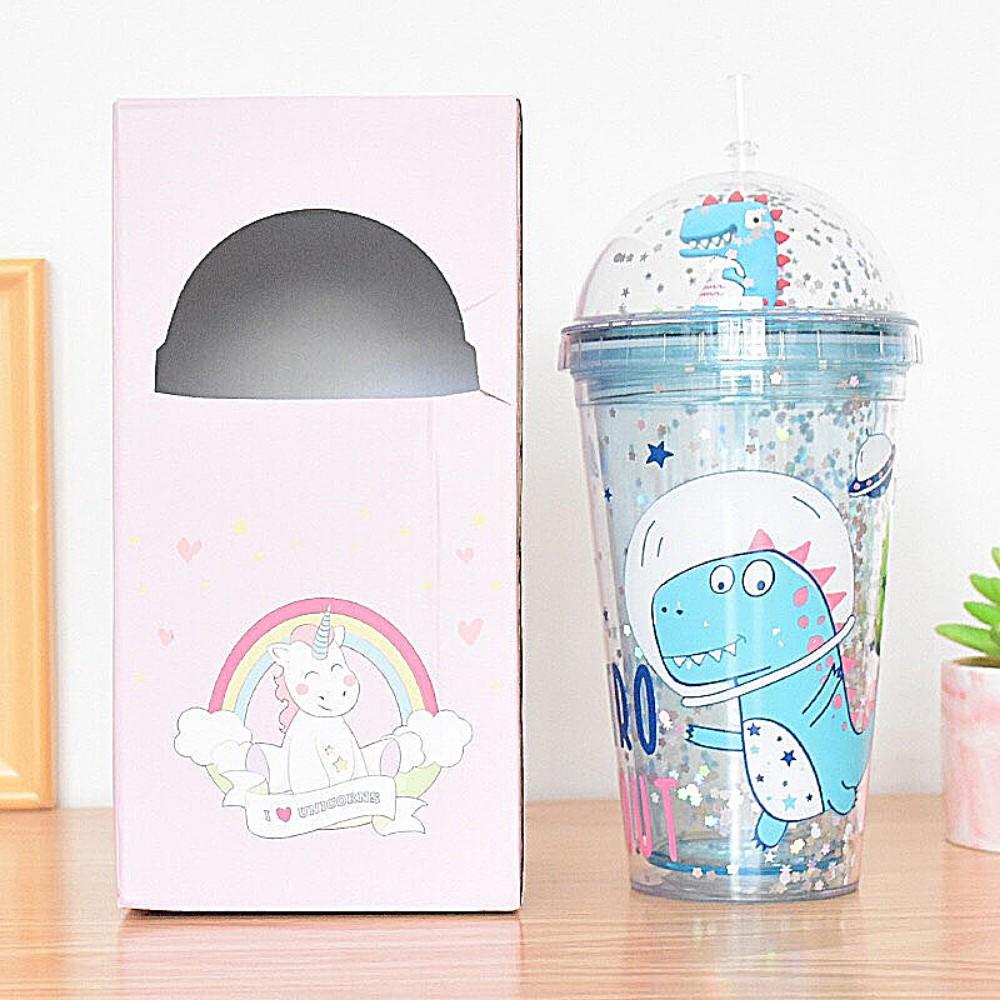 Ly Giữ Nhiệt Khủng Long 3D 380ml Kim Tuyến Nhiều Màu Sắc Dễ Thương Cute - Kèm Ống Hút