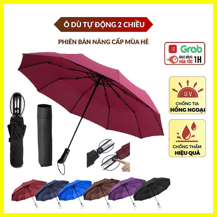 Ô bấm tự động gấp gọn đóng mở 2 chiều chống tia UV, Ô dù che mưa che nắng 10 nan cầm tay cao cấp - 10NAN