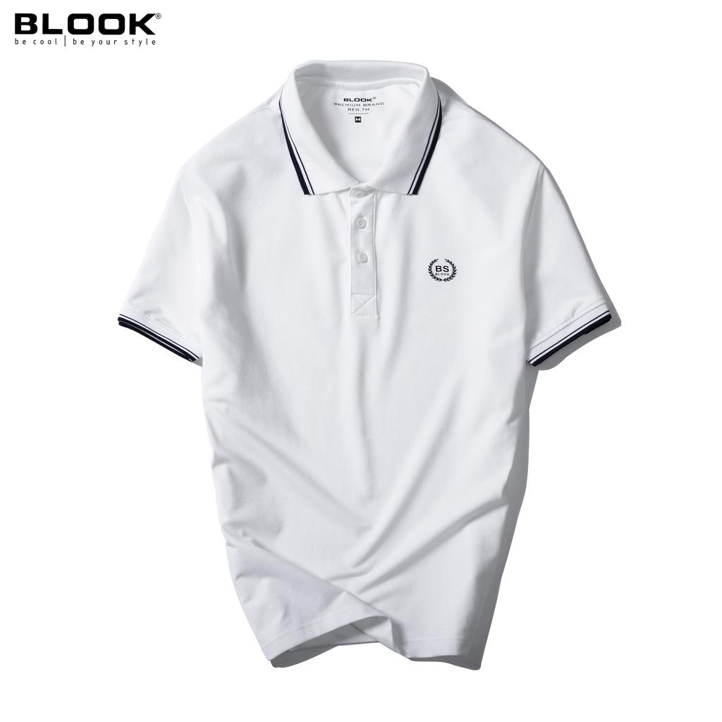 Áo Polo nam BLOOK cổ bẻ vải thun cotton màu trắng phối sọc xanh, xuất xịn 33389