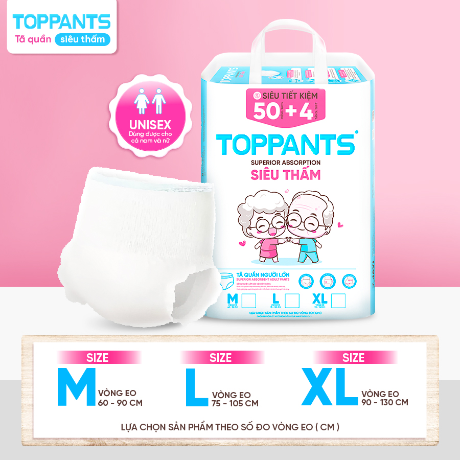 Tã/Bỉm Quần người lớn TOPPANTS Siêu Thấm, Chống Trào, Kháng Khuẩn Size M/L/XL (54 Miếng)