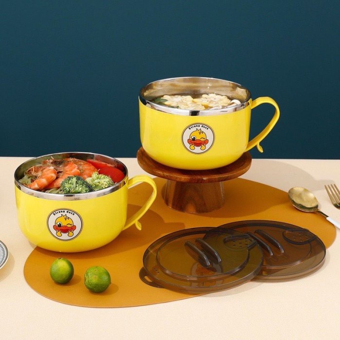 Ca ăn mì có nắp đậy vịt vàng 2 lớp 15cm có nắp đậy đa năng hỗ trợ giữ nhiệt tốt - Ca úp mì vịt vàng chất liệu inox có nắp kín giữ nhiệt lâu