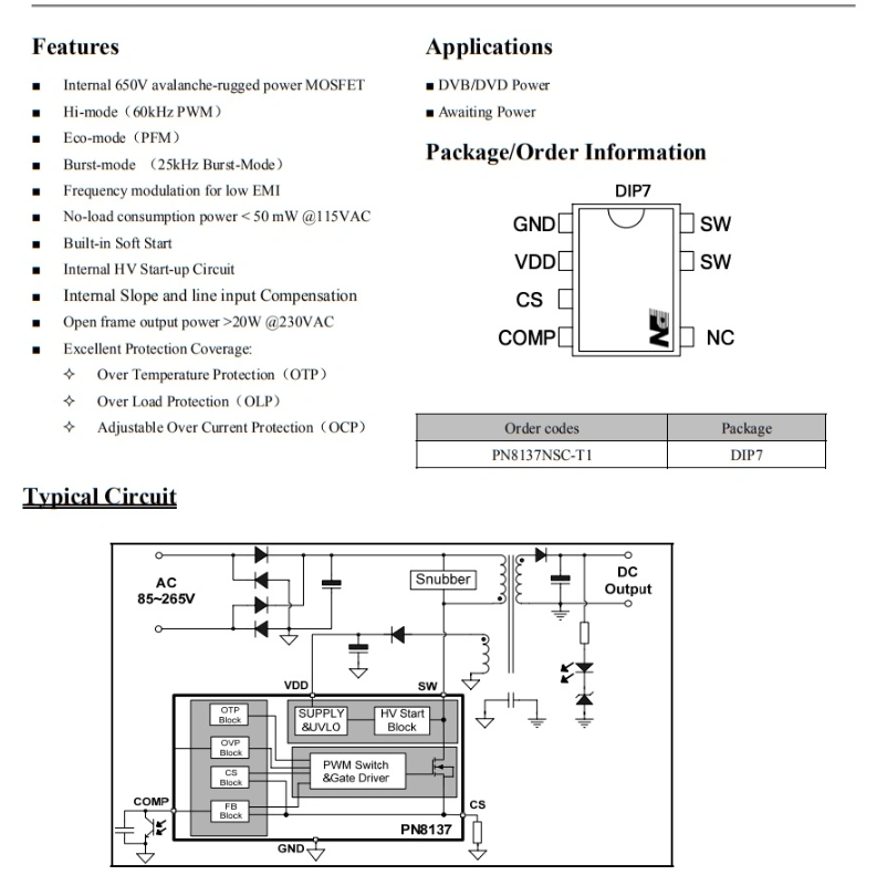 IC nguồn xung tích hợp PN8137 DIP-8