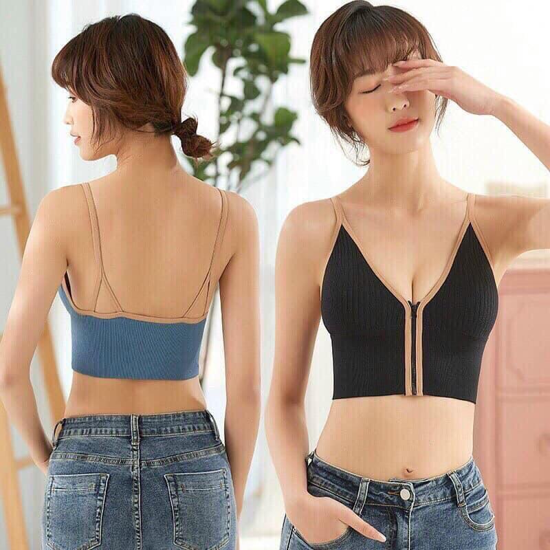 Áo Bra 2 dây gân tăm khóa kéo trước ngực sexy, cổ chữ V - Croptop Cotton đẹp tập thể thao Gym Yoga, có đệm ngực