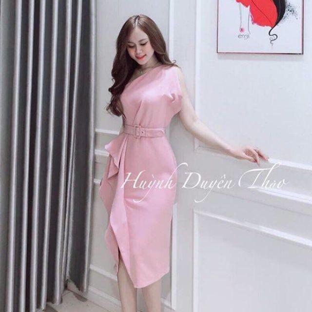 Đầm body lệch vai bèo eo kèm nịt sang chảnh