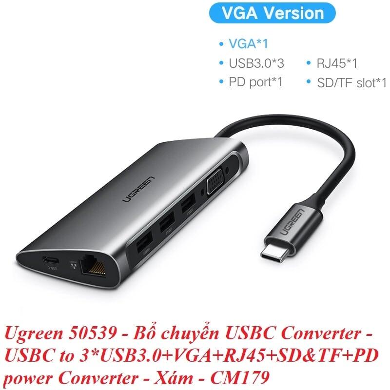 Ugreen UG50539CM179TK Bộ chuyển đổi TYPE C sang 3 USB 3.0 + VGA + LAN + SD TF + hỗ trợ nguồn TYPE C - HÀNG CHÍNH HÃNG