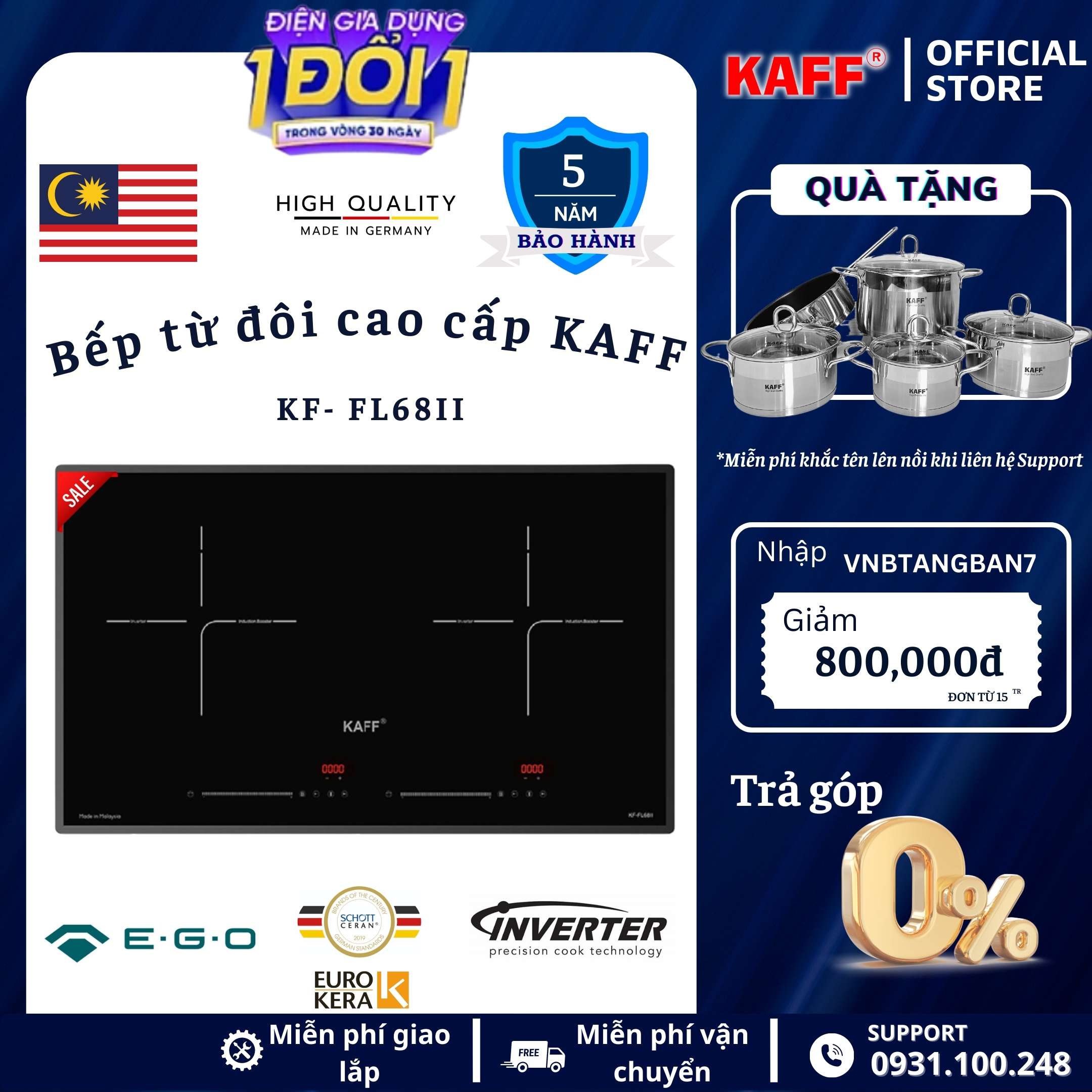 Bếp âm từ đôi nhập khẩu Malaysia KAFF KF-FL68II - Hàng chính hãng