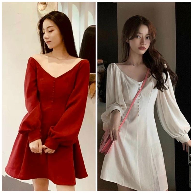 Đầm cổ V tay dài nút bọc ĐẦMCÔNG SỞ