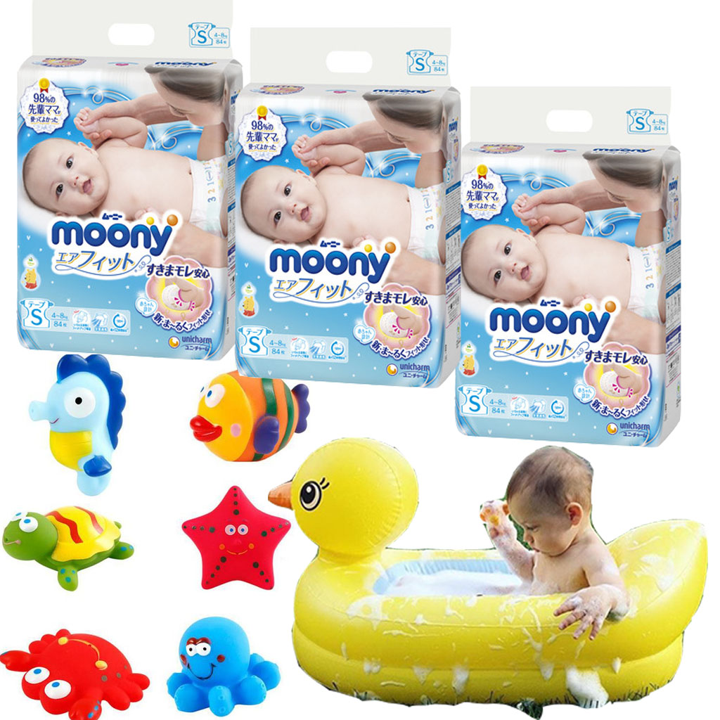 Combo 3 gói tã dán Moony cao cấp size NB90/S84/M64/XL44 tặng chậu tắm phao vịt vàng