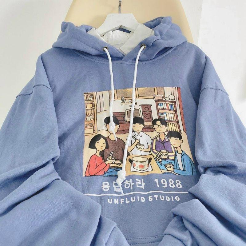 Áo hoodie Ulzzang unisex kiểu áo khoác có mũ rộng form rộng phong cách hàn