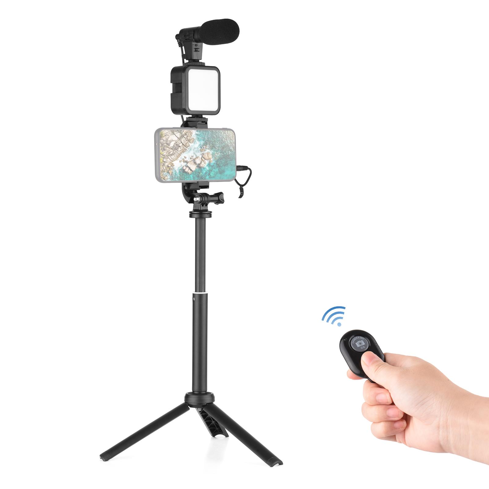 Vlog Shooting Kit Mini LED Video Light + Super Cardioid Condenser Microphone + Phone Clip + Tripod + Remote Shutter